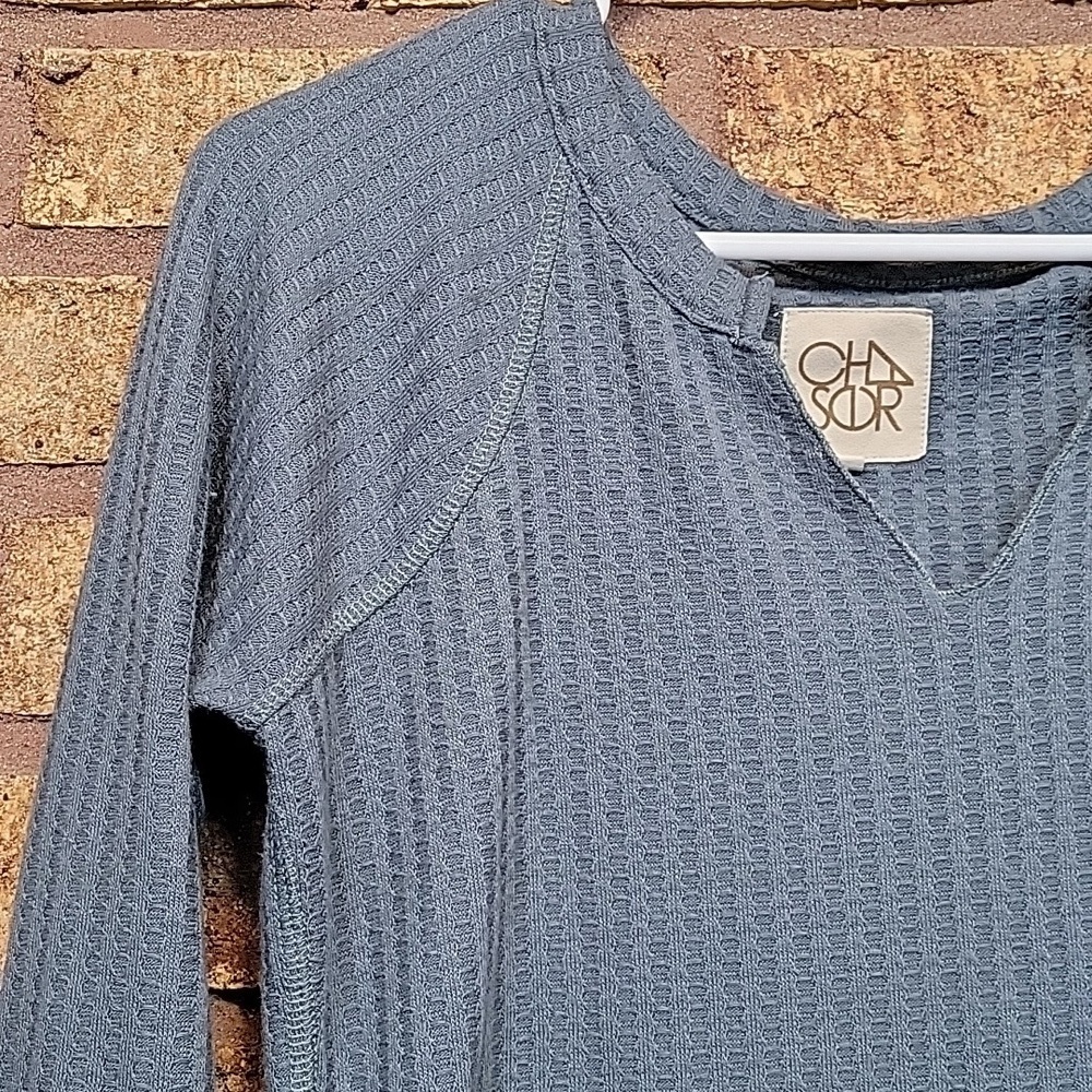 Chaser Textured Waffle Knit Blue Green Long Sleeve Top Size Small Casual Stretch - Picture 4 of 12